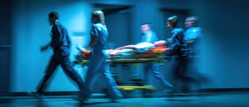 Blurred motion of people in scrubs rushing with a patient on a gurney through a blue-lit hospital hallway conveys a sense of urgency and emergency