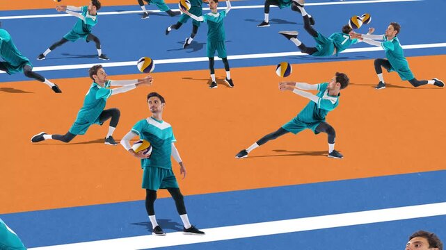 Quirky animation. Male volleyball athlete in turquoise uniform performing multiple dynamic moves. Concept of teamwork, precision, competitive spirit, power, focus and sports motivation on bright court