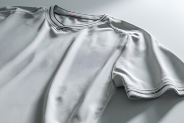Plain sports jersey laid flat on a clean surface, blank fabric space for logo or team design, ultra-realistic stitching details