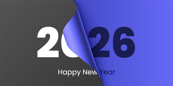 2026 happy new year celebration greeting card and social media post or banner vector design template in page peel style
