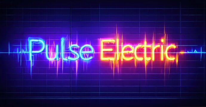 Neon sign displays Pulse Electric. Vibrant purple, yellow hues dominate dark background. Retro aesthetic, digital grid pattern visible. - Powered by Adobe