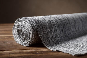Rolled piece of plain fabric placed on a wooden surface, blank textile pattern for design showcase