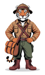 Tiger Explorer Character Cartoon in Safari Outfit.