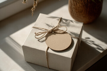 Round paper label tied to a gift box with twine, blank surface for logo design, soft natural lighting