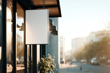 Street signboard outside a modern café, blank rectangular surface for logo or text, sunny urban scene