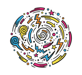 Abstract neon swirls and lightning bolts circular vector graphic with stars