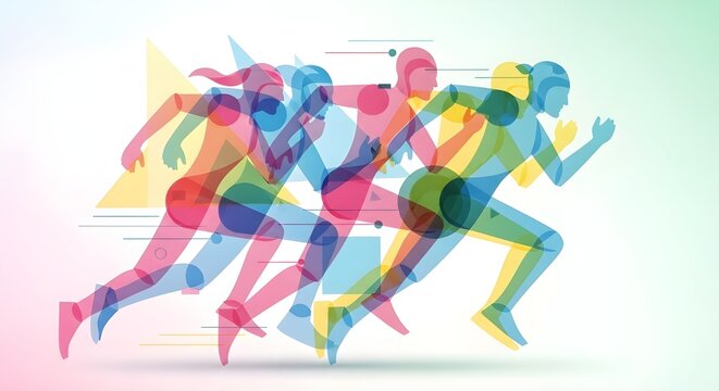 Abstract vector illustration of a diverse group of athletes running in a race, showcasing dynamic motion and vibrant energy for sports and fitness concepts