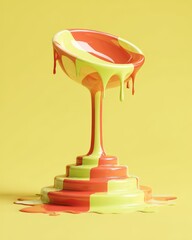 Surreal melting chair with dripping orange and chartreuse paint on a yellow background.