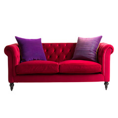 Fototapeta premium Luxurious red velvet chesterfield sofa with purple accent pillows elegant living room furniture isolated on transparent background