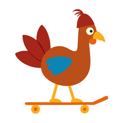 Cartoon turkey riding a skateboard with a hat