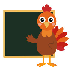 Cute cartoon chicken standing next to a chalkboard