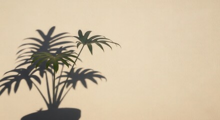 Naklejka premium Soft Green Plant Shadow on Smooth Beige Wall with Warm Natural Light and Gentle Texture
