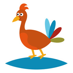 Whimsical cartoon bird with colorful feathers standing on blue shape