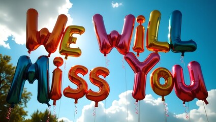Glossy rainbow balloons spell farewell phrase, floating outdoors with sunlight reflections against bright sky.