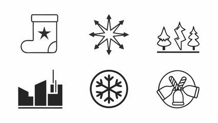 Naklejka premium Illustration collection featuring a christmas stocking, snowflake, forest, city, and jingle bells icon set silhouette