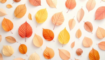 Fototapeta premium A visually appealing arrangement of autumn leaves in various warm shades, creating a delightful fall pattern on a plain white background.