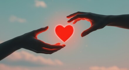 Hands reaching for a glowing red heart against a sky, symbolizing love, connection and relationships.