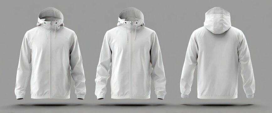 Three views of a white hooded jacket