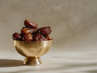Sweet dried dates piled high in a golden brass bowl with natural sunlight and shadows.