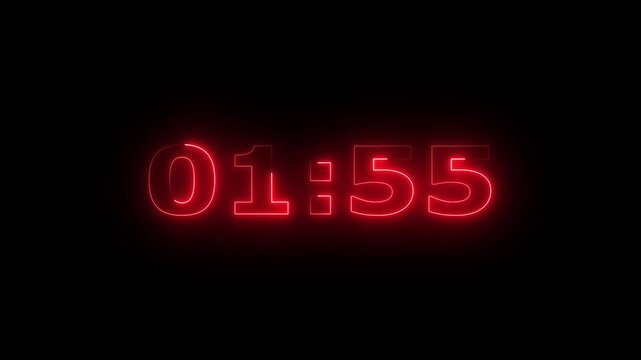 Neon Tow Minute Digital Timer. 2 Minute Digital Negative Countdown. seconds on transparent background 120 second countdown timer, Countdown video with alpha channel.