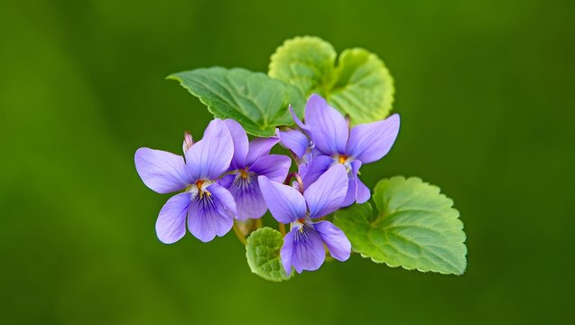 Serene Spring Violets: Delicate Purple Flowers on Lush Green Background, Close-Up Macro Shot.