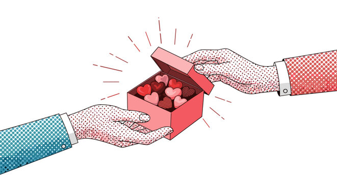 Hands exchanging a gift box filled with hearts.