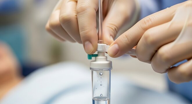 Close-up: Gloved Hands Adjusting IV Drip Rate Control, Medical Precision and Care
