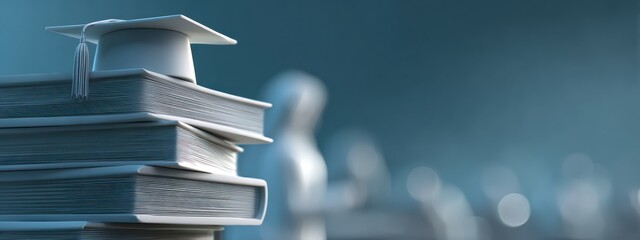 A stack of books topped with a mortarboard, blurred figures in the background, against a blue backdrop. Education concept, stylized and rendered