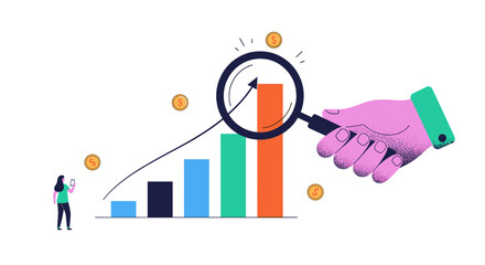 Business Growth Analysis Magnified Chart with Coins and Person.