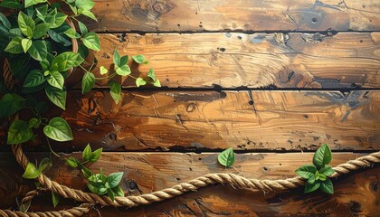 A rustic wooden surface with lush greenery and a coiled rope, creating a natural and tranquil scene.