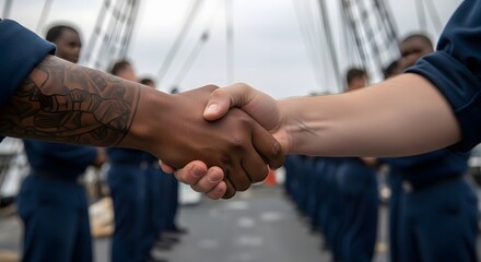 Two sailors shake hands, a gesture of camaraderie amidst their uniformed colleagues on a ship's deck.