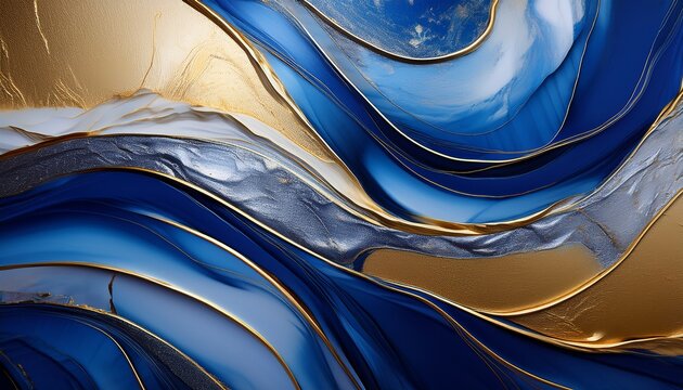 Bold Blue And Gold Hues Intersect With Silver Textures Creating An Eye Catching Abstract Design The Smooth Layered Appearance Adds Depth And Movement To The Artwork