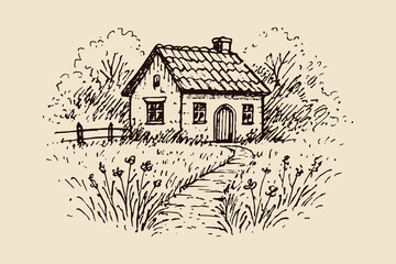 Country cottage rustic sketch black on beige vector illustration