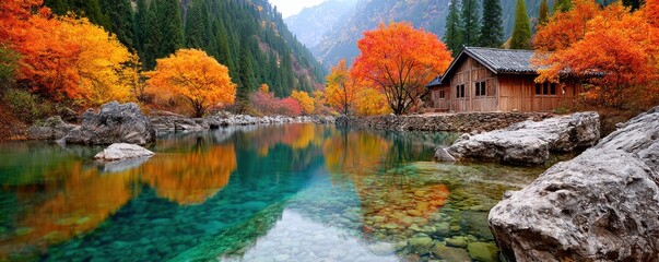 Serene autumn lake with vivid colors and a cozy wooden cabin