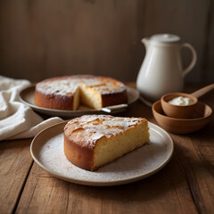 A delectable slice of homemade vanilla sponge cake dusted with powdered sugar, served on a rustic wooden table for a sweet, simple treat
