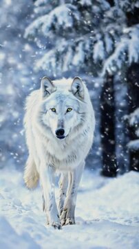 A white wolf walking alone in the snowfalls at winter time..