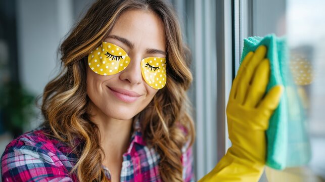 Woman with eye patches cleaning a window smiling indoors