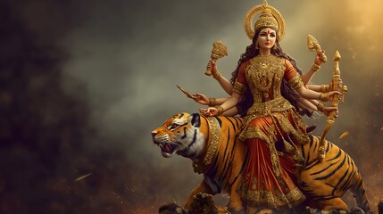 Fototapeta premium Goddess Durga Ammavaru on tiger with weapons – Vijayadashami Navratri Dussehra