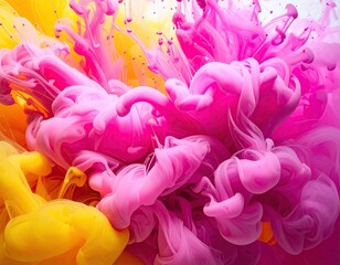 Pink and Yellow Ink Ribbons Swirling in Liquid