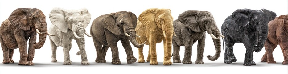 Fototapeta premium A diverse line of elephants standing side-by-side, each exhibiting a unique hue, showcasing shades from brown to gray to tan, creating a rainbow of pachyderms