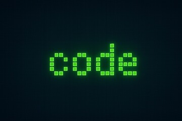 Glowing Green Pixel Typography Code Digital Grid Background.