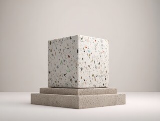Terrazzo Cube on Concrete Platforms, Neutral Background, Studio Shot