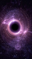 A mesmerizing depiction of a black hole, surrounded by a swirling vortex of purple and pink nebulae, radiating intense energy and cosmic dust