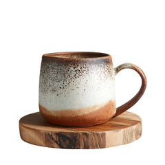 Artistic ceramic mug with glazed finish resting on wooden coaster isolated on transparent background