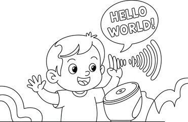 Happy boy talking to smart speaker, child interacting with voice assistant, kid saying hello world, young boy using digital assistant, technology communication for kids