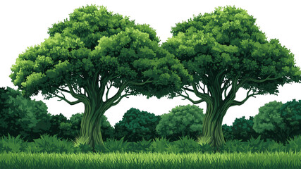 Lush Green Forest Landscape with Two Majestic Trees