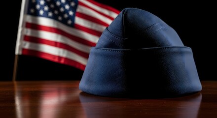 A blue military hat rests on a reflective surface with an American flag in the background, representing patriotism.