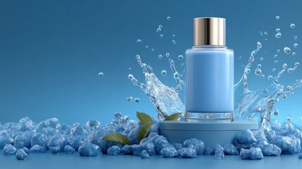 Aesthetic Perfume Bottle with Water Splash and Ice Crystals on a Blue Background