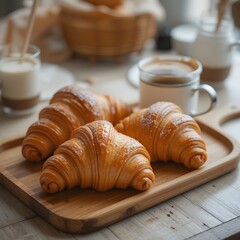 Fresh bakery croissants on wooden tray with coffee mug, cozy breakfast atmosphere