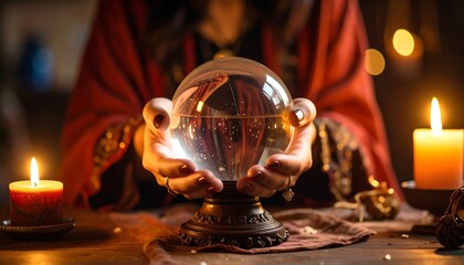 A mystic's hands cradle a glowing crystal ball, flanked by candles on a wooden surface, evoking a sense of fortune